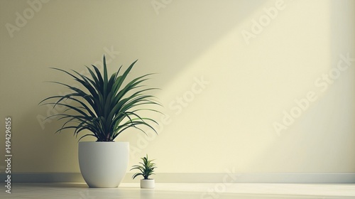 Realistic Indoor Photography of Green Plants in Minimalist Space with Soft Natural Light on Yellow Wall