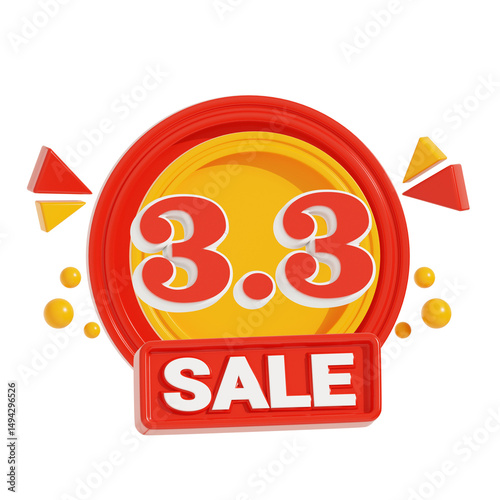 3D 3.3 Sale Banner, Red and Yellow Promotion Badge with Modern Elements