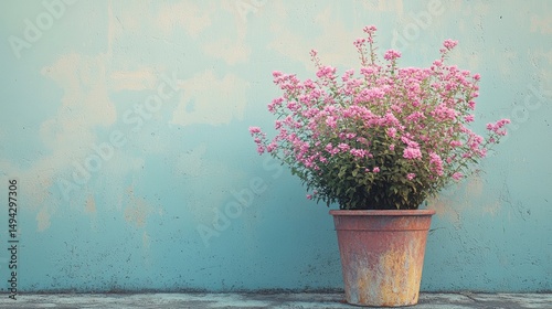 Captivating Flower Pot Against a Soft Blue Wall Highlighting Nature's Beauty in a Serene Space