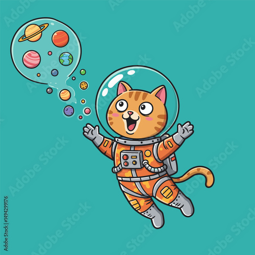 Cartoon cat in a spacesuit with orange and red accents.