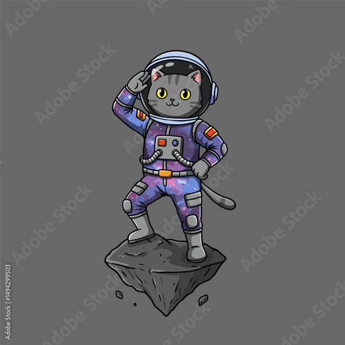 Joyful kitty enjoying a spacewalk in a futuristic suit.
