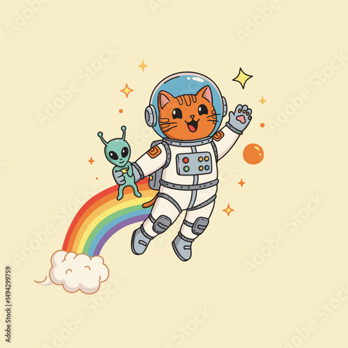 Cute cat in space waving at a small yellow star.