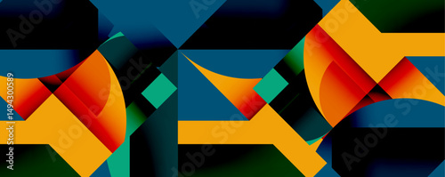 Abstract geometric shapes overlap, creating vibrant color contrasts. Bold lines define forms, suggesting movement, depth.