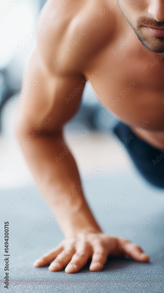 Obraz premium Closeup of muscular man arm and hand during plank exercise