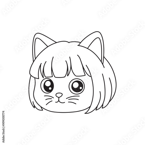 illustration art cute cat wearing bob wig line art vector design