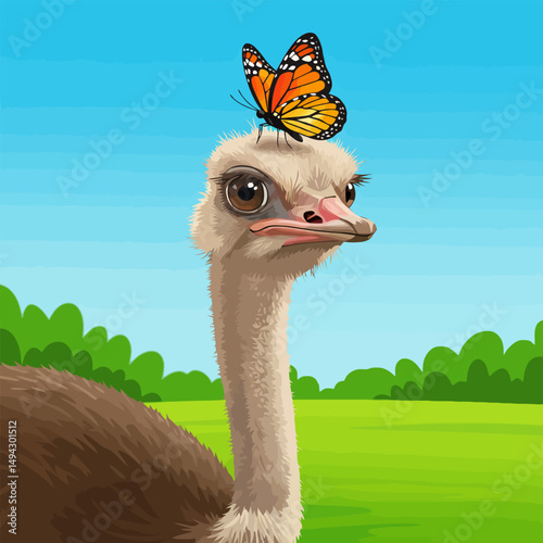 Ostrich with Butterfly on Head in Green Field Cartoon