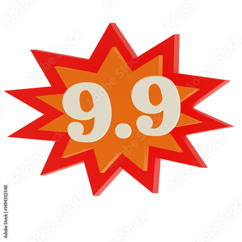 9.9 Sale Explosion Badge, Red and Orange Comic Style Discount Label