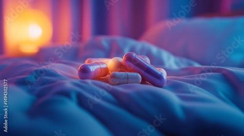 Soft Lighting Scene with Sleep Aid Capsules on Cozy Bed photo