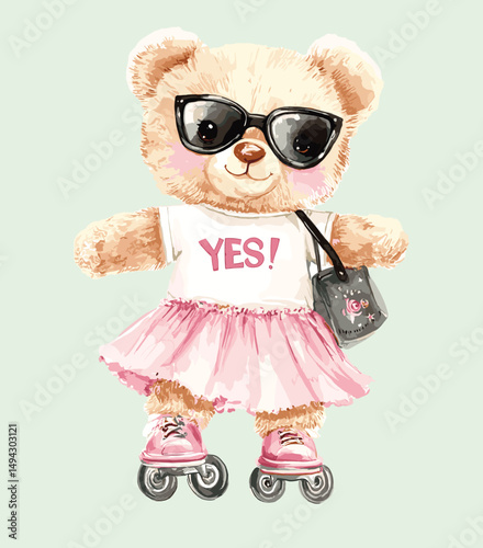 Cute Teddy Bear on Roller Skates Vector Illustration.