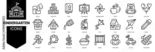 Kindergarten icon set. Vector illustration concept with icon of puzzle ,shape toy ,origami ,chalkboard ,backpack ,balloon ,feeder ,pinwheel ,rattle and more. Outline icons vector symbol background.