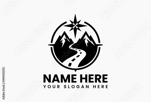 Minimalist monochrome compass logo with detailed mountain range silhouette inside. Adventure travel and exploration emblem  