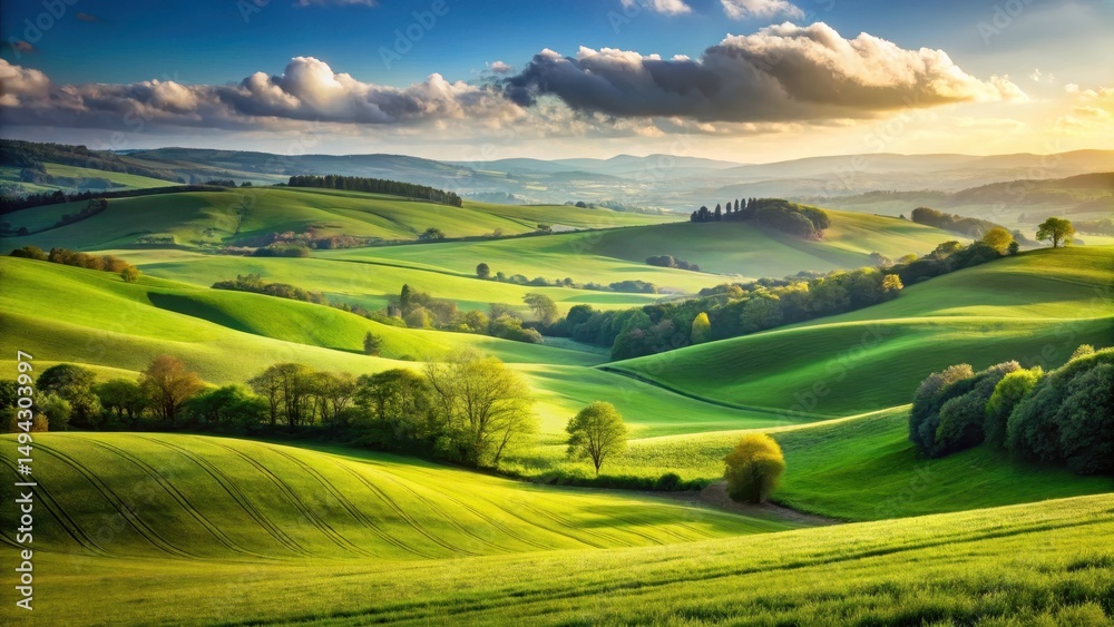 Fototapeta premium Serene green landscape with rolling hills and a clear horizon over the land, showing natural beauty and tranquility in the countryside , natural beauty, rolling hills