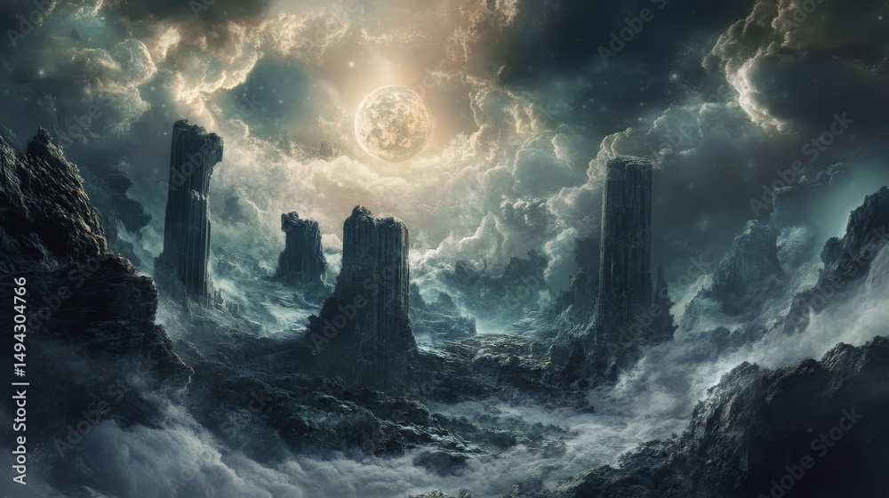 Fototapeta premium Fantasy landscape with rocky mountains and a bright moon in a cloudy sky.