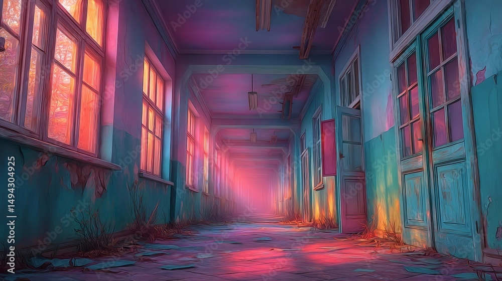 Fototapeta premium A dimly lit hallway featuring a broken window allowing rays of light to filter through creating an evocative and mysterious atmosphere with a sense of abandonment