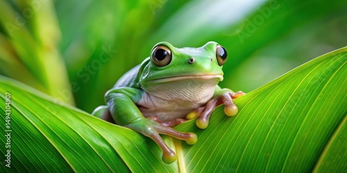 A Australian green tree frog sitting on a large leaf