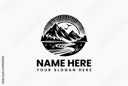 Bold mountain silhouette landscape with sunburst, migratory birds and winding river in crisp vector art. Nature retreat concept  