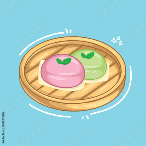 illustration art cute mochi on the wooden tray sticker design