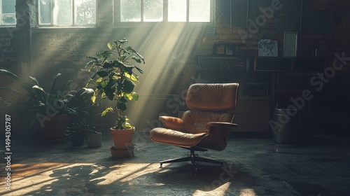Elegant Armchair in Moody Lighting with a Potted Plant in a Vintage Studio Setting