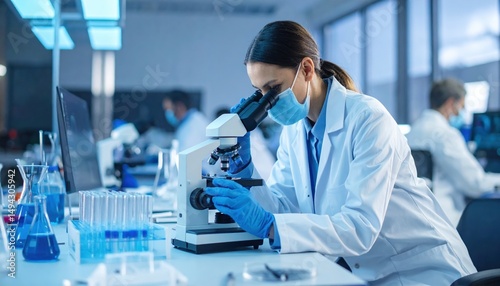 Focused Female Scientist Using Microscope in Modern Laboratory Conducting Research