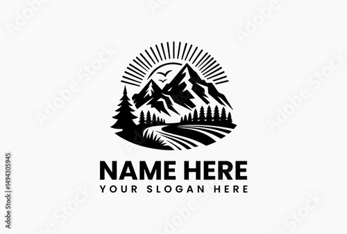 Bold mountain silhouette landscape with sunburst, migratory birds and winding river in crisp vector art. Nature retreat concept  