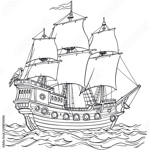 Detailed Pirate Ship on the Water for Relaxation A Coloring Illustration Page
