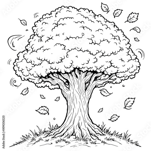 A Majestic Oak Tree Illustration Coloring Page with Leaves Fluttering in the Wind Coloring Sheet