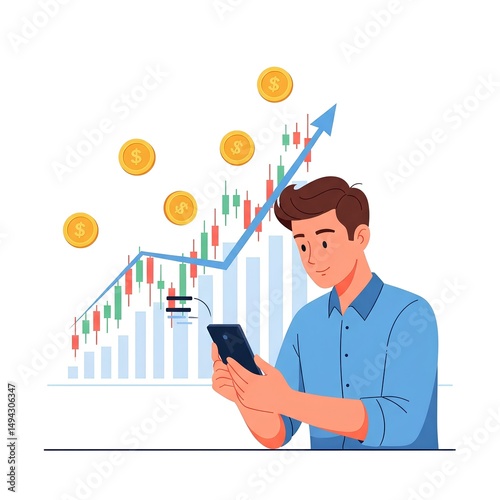 Successful young investor using mobile phone app to monitor rising stock market graph showing financial growth and increasing profits with digital coins