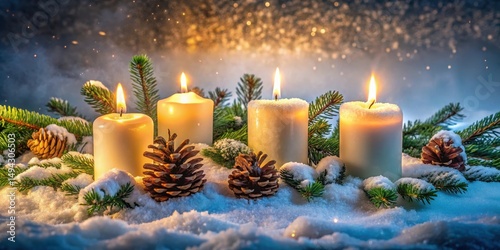 Softly glowing candles surround a snow-covered altar, with evergreen branches and pinecones, on a winter solstice night , Pinecones, Flickering Flames
