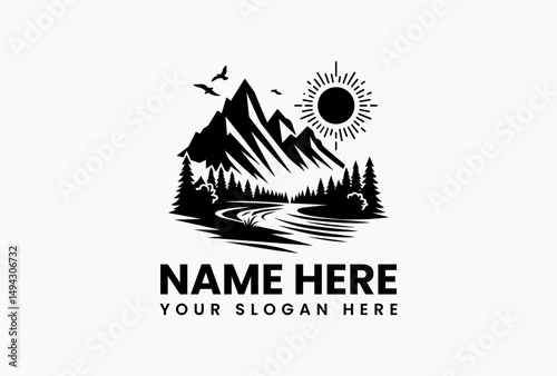 Harmonious monochrome mountainscape vector logo featuring sun disc, soaring birds and pine-framed river. Outdoor adventure brand mark  