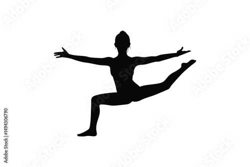 Silhouette of a female dancer performing a graceful leap with extended arms and one leg raised, symbolizing strength, balance, elegance, and expressive movement.