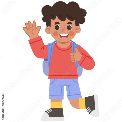 Illustration of a little school boy waving
