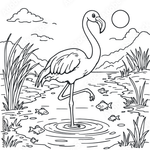 A Picturesque Scene of Flamingo Standing Gracefully on a Lake Coloring Page for Relaxation