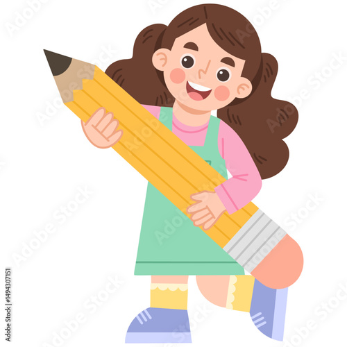 Illustration of Girl Holding Large Pencil