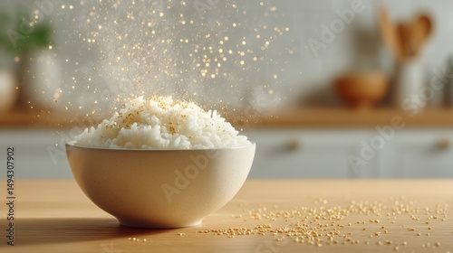 Steaming bowl of white rice with golden nutrients, simple kitchen backdrop. Nutritious meal in a clean, modern setting.

