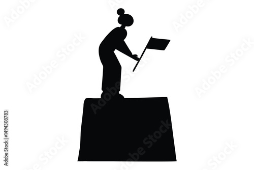 Silhouette of a person standing atop a platform holding a flag high symbolizing achievement success victory and freedom