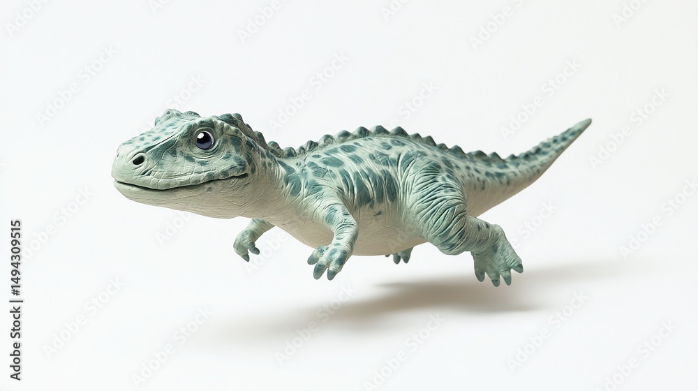 Fototapeta premium Pale green dinosaur, speckled, leaps against white