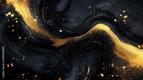 Elegant Fluid Motion of Black and Gold Abstract Background with Rich Textures and Sparkling Particles