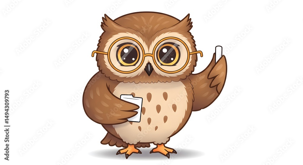 Fototapeta premium Smart Owl Cartoon Character with Glasses and Notepad