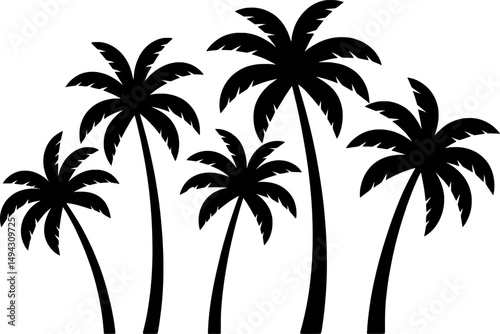 Black silhouette of five tropical palm trees in ascending height on a transparent background, ideal for minimalist designs, summer themes, beach decor, travel branding, and nature-inspired art