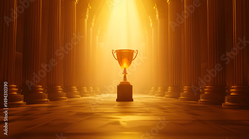 Golden Trophy in Illuminated Hall: A radiant gold trophy stands prominently within a grand hall, illuminated by a heavenly light. Capturing the essence of achievement.