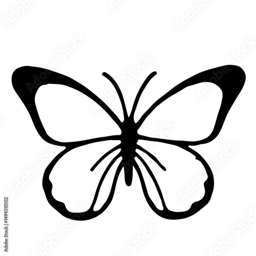A simple black illustration of a butterfly, showing elegant lines and a minimalist design.