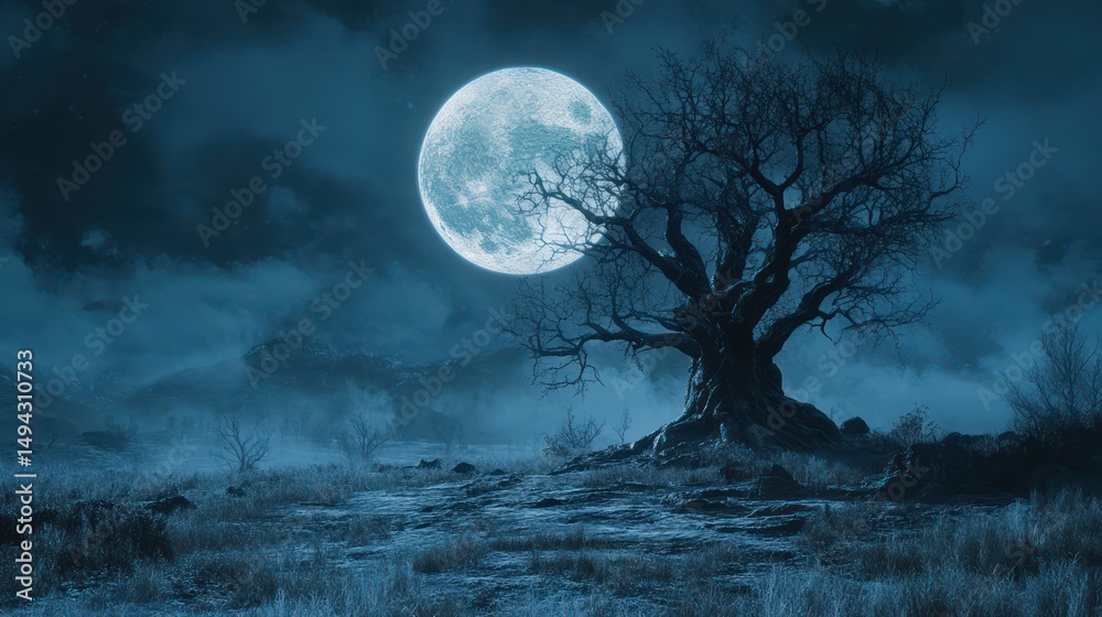 Naklejka premium Mystical lunar glow casting shadows over a desolate landscape, featuring a bare tree