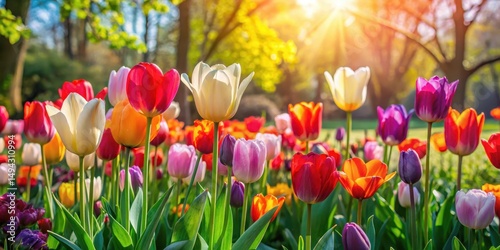 Fototapeta Naklejka Na Ścianę i Meble -  Vibrant mixed colors tulips blooming in a garden with a bright sunny day and lush greenery surrounding them , garden
