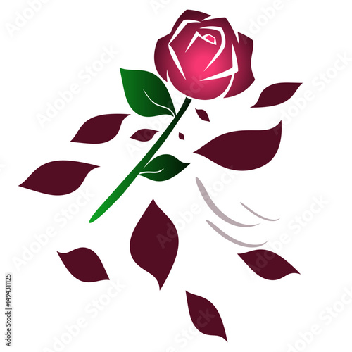 A stylized illustration of a rose with falling petals, conveying a sense of loss or fading beauty.