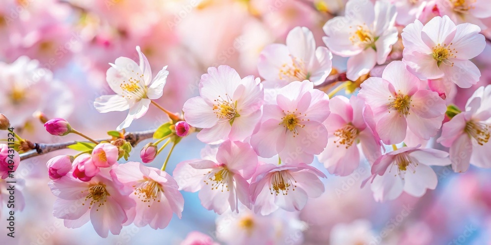 Fototapeta premium Soft pink sakura petals gently sway in the breeze, revealing their vibrant yellow centers as they bloom in late April, creating a serene and peaceful atmosphere , sakura, soft pink