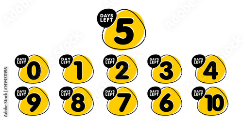 Countdown days left banner. set of number 10-1 days to go badges. countdown icon isolated with organic shapes on white background. promotion sale offer deal timer. vector illustration