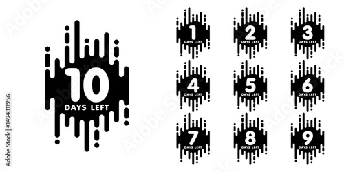 Countdown days left banner. set of number 10-1 days to go badges. countdown icon isolated with vertical rounded lines geometric shape. promotion sale offer deal timer. black and white logo.