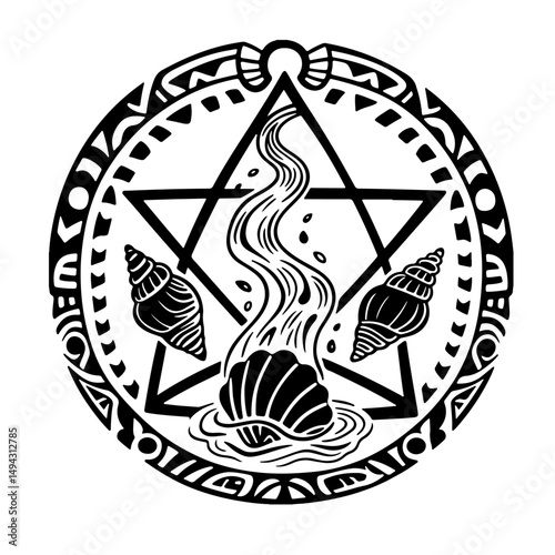 A black and white illustration of seashells and a stream within a circular, tribal-style frame.