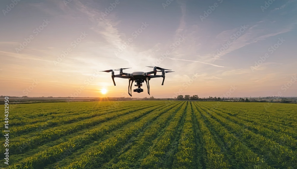 Drone Surveying Agricultural Fields at Sunset Drone Surveying Agricultural Fields at Sunset