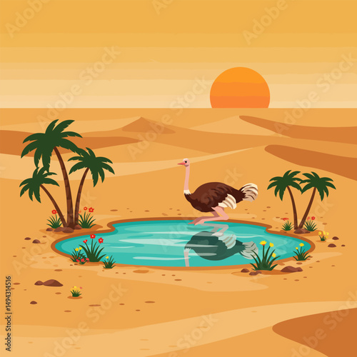 Ostrich Crossing Desert Oasis Reflection with Palm Trees and Sun